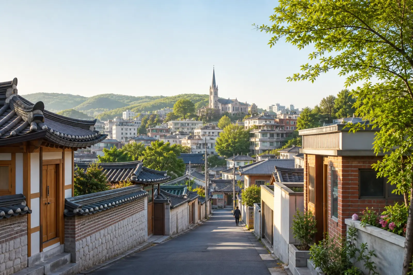 한옥 골목 너머로 보이는 교회 첨탑
